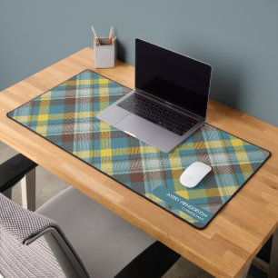 Blue Plaid Pattern Custom Name Monogram Text Desk Mat