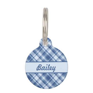 Blue Plaid Pattern &amp; Custom Pet Name And Number ID Tag