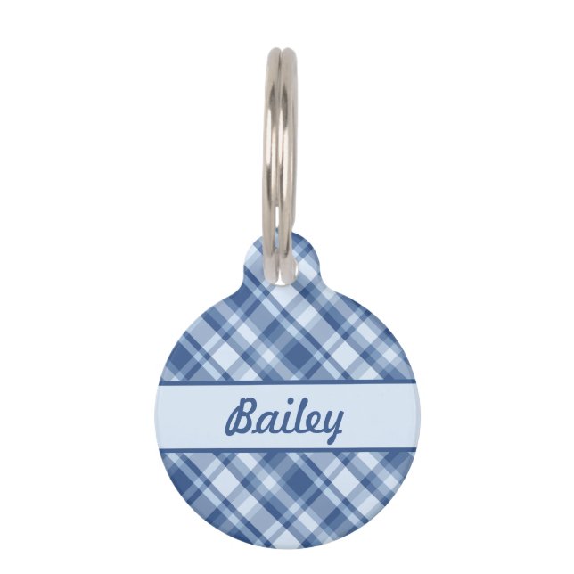 Blue Plaid Pattern & Custom Pet Name And Number ID Tag (Front)