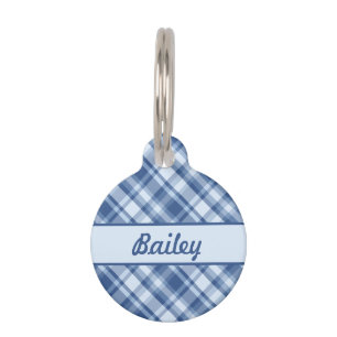 Blue Plaid Pattern & Custom Pet Name And Number Pet ID Tag