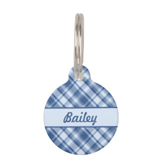 Blue Plaid Pattern & Custom Pet Name And Number Pet ID Tag