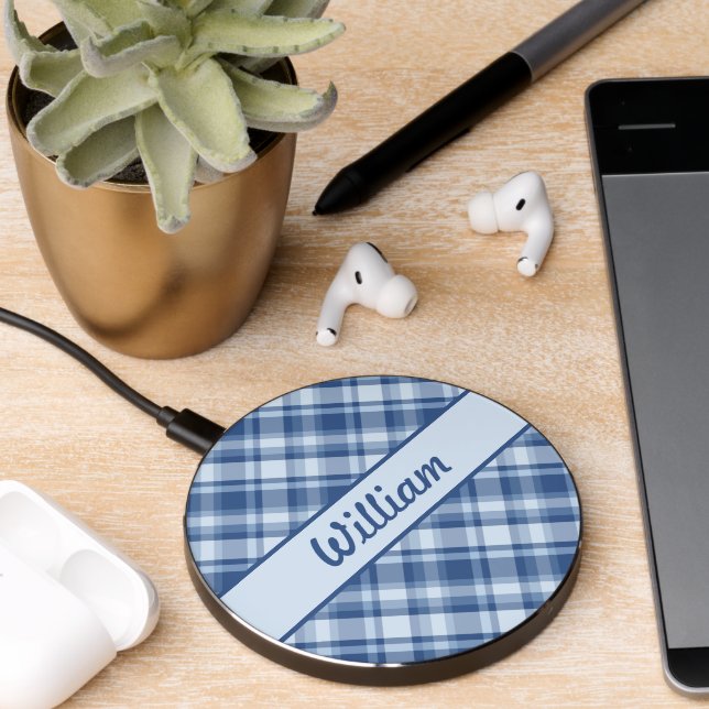 Blue Plaid Pattern With Custom Name Wireless Charger (Desk 2)