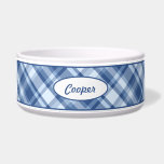 Blue Plaid Pattern With Custom Pet Name Bowl<br><div class="desc">Lovely plaid pattern in blue color scheme. There is also an oval shape banner that has a personalizable text area for the name of the pet. The font is a nice script font in blue color.</div>