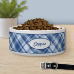 Blue Plaid Pattern With Custom Pet Name Bowl<br><div class="desc">Lovely plaid pattern in blue color scheme. There is also an oval shape banner that has a personalizable text area for the name of the pet. The font is a nice script font in blue color.</div>