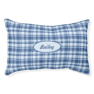 Blue Plaid Pattern With Custom Pet Name Pet Bed