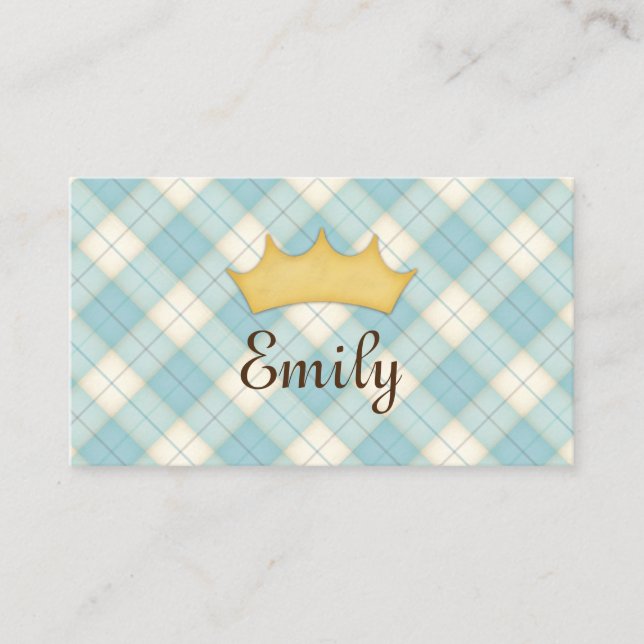 Blue Plaid Personalized Princess Calling Card (Front)