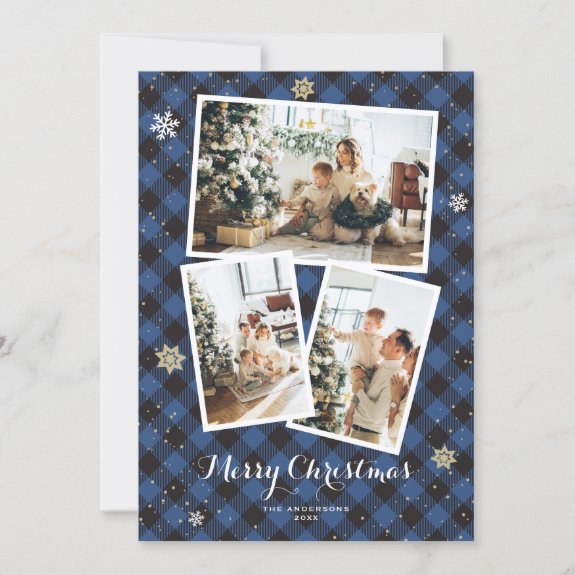 Blue Plaid Photo Collage Merry Christmas Card