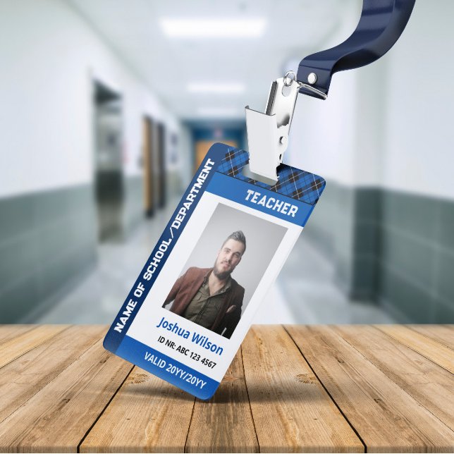 Blue Plaid Photo ID School Teacher Badge (Creator Uploaded)