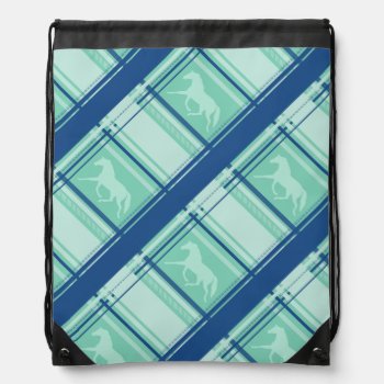 Blue Plaid Pony Pattern Drawstring Bag by PaintingPony at Zazzle