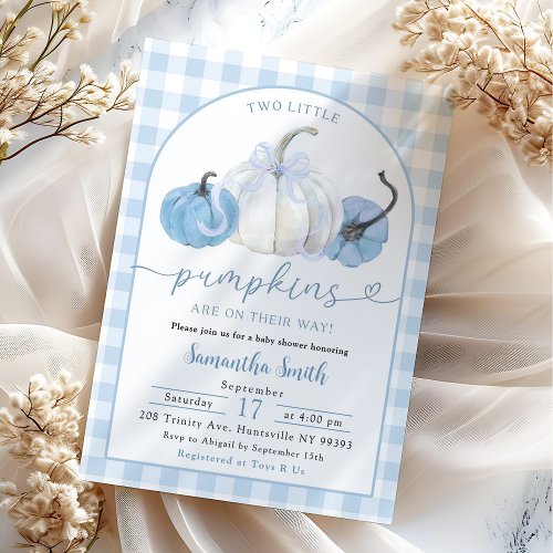 Blue Plaid Preppy Pumpkin Boy Twins Baby Shower Invitation