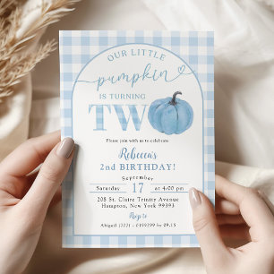 Blue Plaid Preppy Pumpkin Boy's 2nd Birthday Invitation