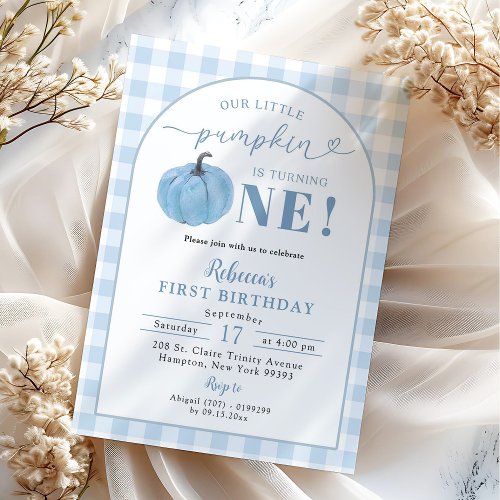 Blue Plaid Preppy Pumpkin Fall Boy Birthday Invitation