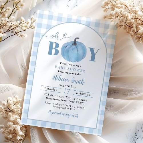 Blue Plaid Preppy Pumpkin Oh Boy Baby Shower Invitation