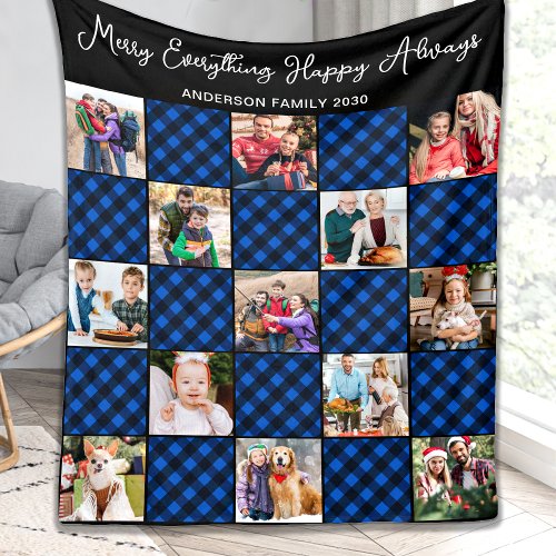 Blue Plaid Quilt Personalized 13 Photo Collage Fleece Blanket