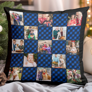 Blue Plaid Quilt Personalized 13 Photo Collage Throw Pillow