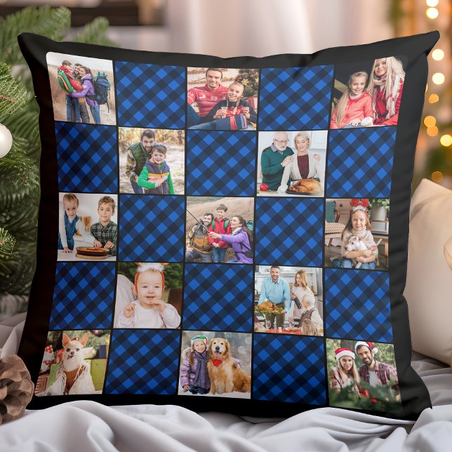 Blue Plaid Quilt Personalized 13 Photo Collage Throw Pillow (Creator Uploaded)