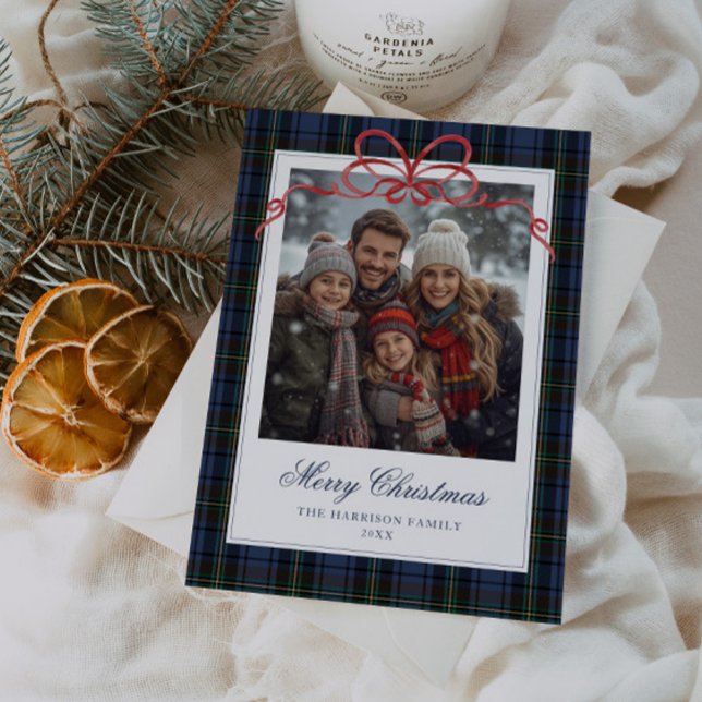 Blue Plaid Red Bow Photo Holiday Card (Creator Uploaded)