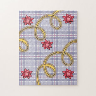 Blue Plaid Red BowHappy Holidays Christmas Puzzle