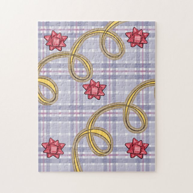 Blue Plaid Red BowHappy Holidays Christmas Puzzle  (Vertical)