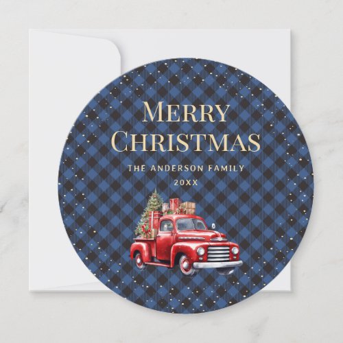 Blue Plaid Red Truck Snow Merry Christmas Card