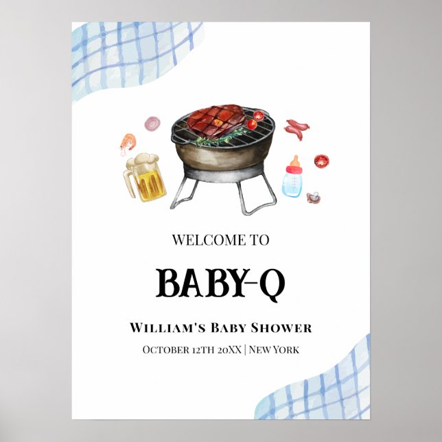Blue Plaid Retro Baby Q Baby Shower Welcome  Poster (Front)