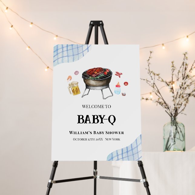 Blue Plaid Retro Baby Q Baby Shower Welcome Sign (In Situ (Stand))