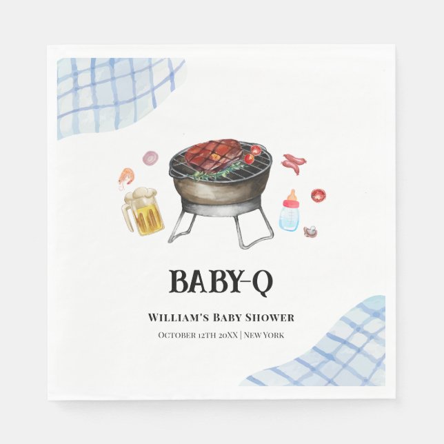 Blue Plaid Retro Country Baby Q Baby Shower Napkins (Front)