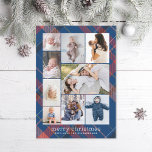 Blue Plaid Retro Merry Christmas Collage Photo Holiday Card<br><div class="desc">9 photo areas in various orientations with retro inspired plaid background,  retro  style "merry christmas" greeting; Add a message to the back or more photos if desired.</div>