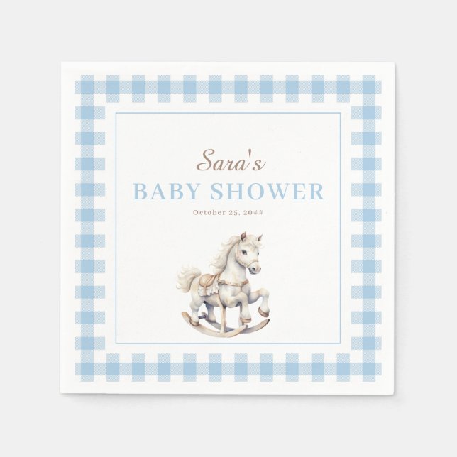 Blue Plaid Rocking Horse Baby Shower  Napkins (Front)