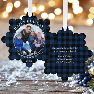 Blue Plaid Rustic Happy Holidays Photo Ornament Card