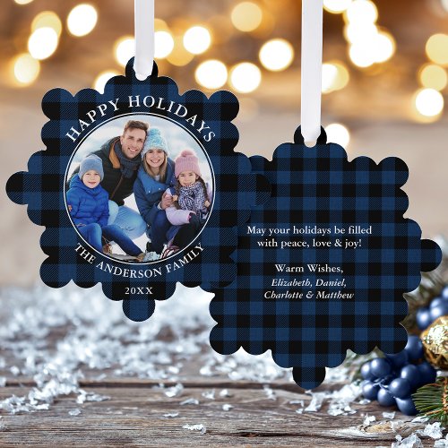 Blue Plaid Rustic Happy Holidays Photo Ornament Card