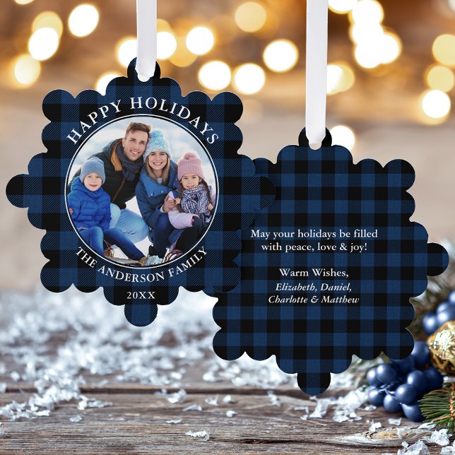Blue Plaid Rustic Happy Holidays Photo Ornament Card (A greeting card that is also an ornament! Customize with your photo and personalized text.)