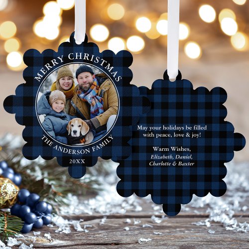 Blue Plaid Rustic Merry Christmas Photo Ornament Card