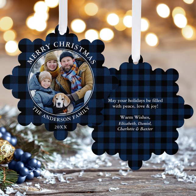 Blue Plaid Rustic Merry Christmas Photo Ornament Card (A greeting card that is also an ornament! Customize with your photo and personalized text.)