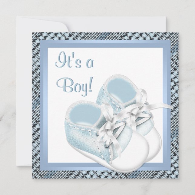 Blue Plaid Shoes Black Blue Plaid Baby Boy Shower Invitation (Front)