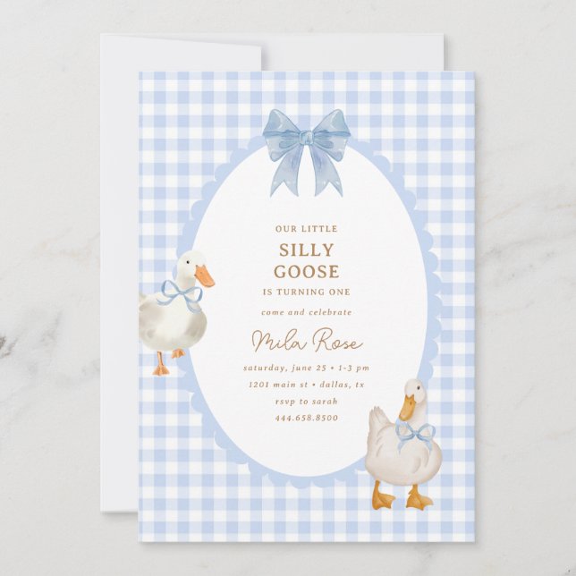 Blue Plaid Silly Goose Coquette Birthday Invitation (Front)
