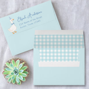 Blue Plaid Silly Goose Kids Party Return Address Envelope