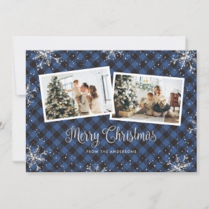 Blue Plaid Silver Snowflake Photo Christmas Card