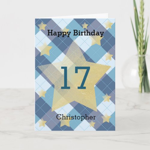 Blue Plaid Silver Stars 17th Birthday Card