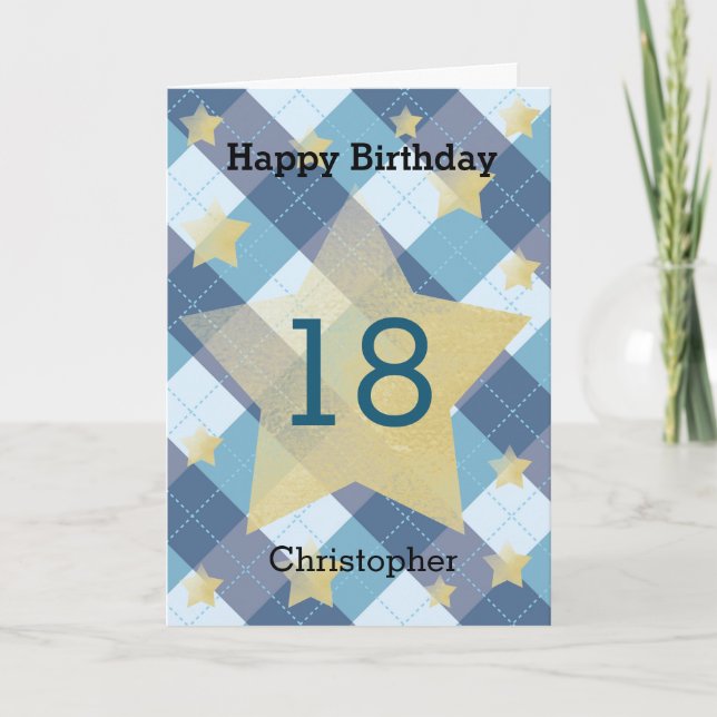 Blue Plaid Silver Stars 18th Birthday Card (Front)