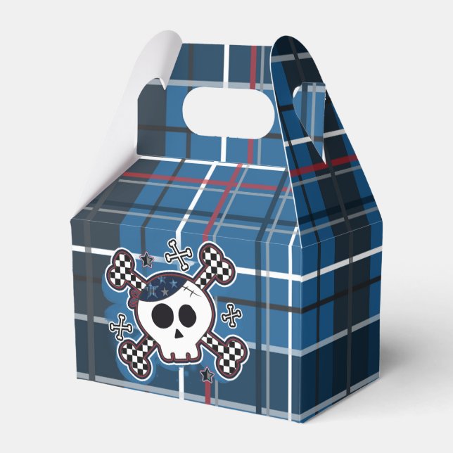 Blue Plaid Skull Bones Birthday Party Favor Boxes (Front Side)