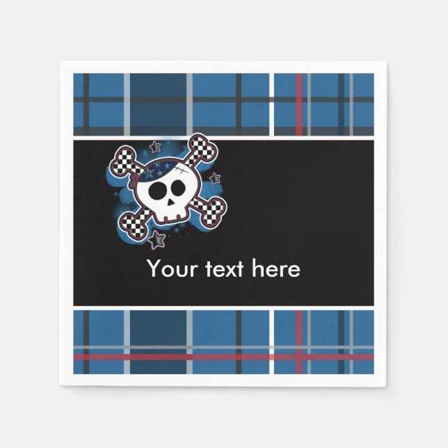 Blue Plaid Skull & Bones Birthday Party Napkins (Front)