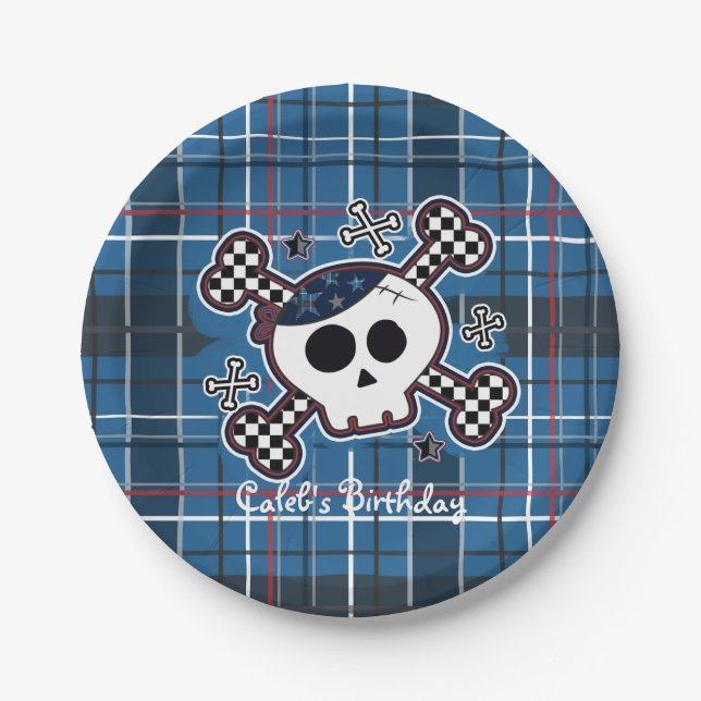 Blue Plaid Skull & Bones Birthday Party Plates (Front)
