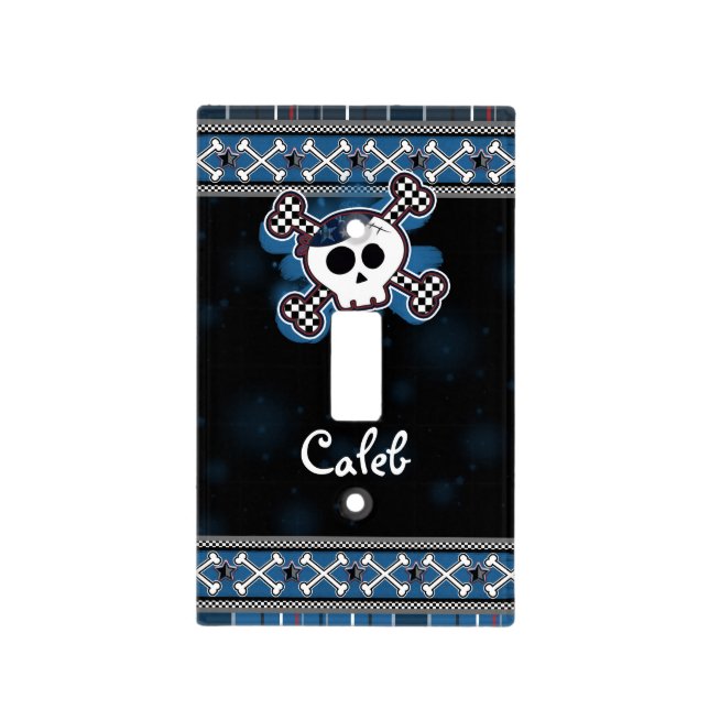 Blue Plaid Skull Crossbones Light Switch Cover (Front)