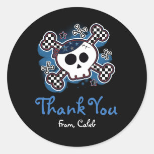 Blue Plaid Skull Crossbones Party Favor Sticker