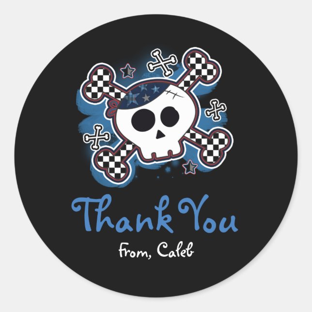 Blue Plaid Skull Crossbones Party Favor Sticker (Front)