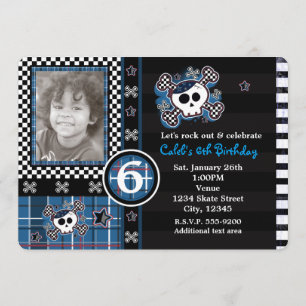 Blue Plaid Skull & Crossbones Photo Invitation
