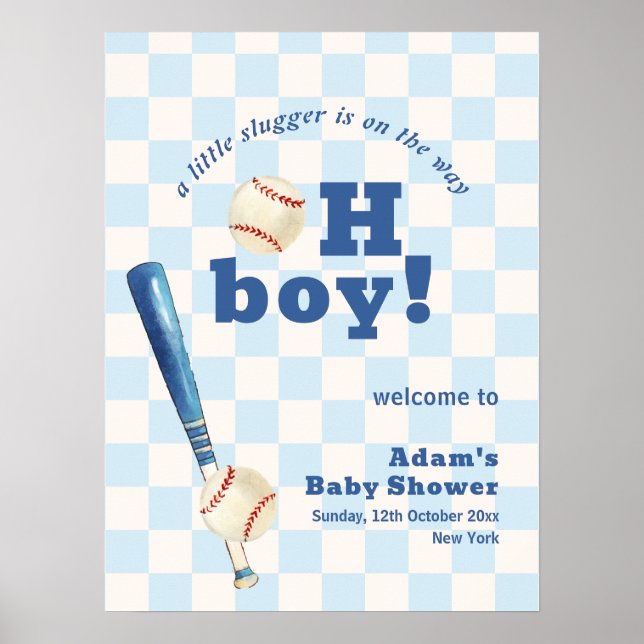 Blue Plaid Slugger Baseball Baby Shower Welcome  Poster (Front)