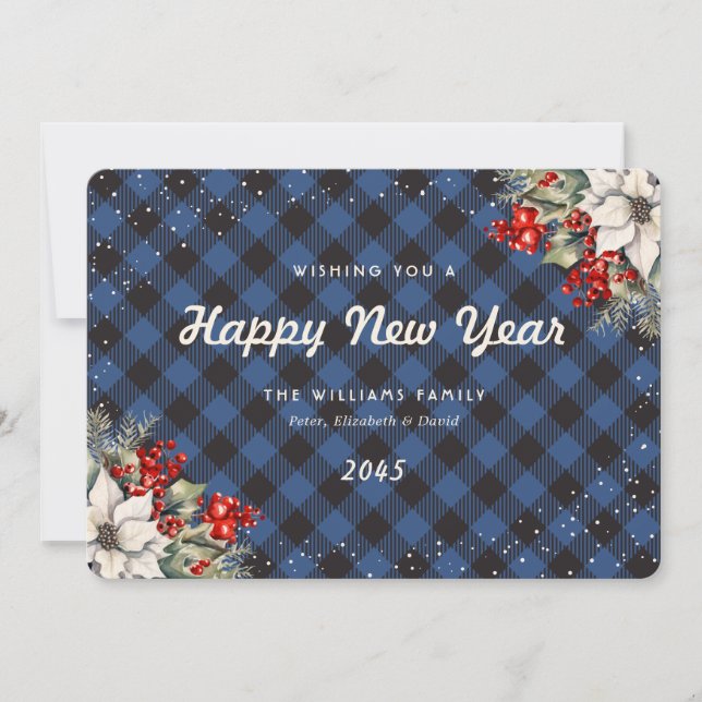 Blue Plaid Snow Botanical New Year Card (Front)