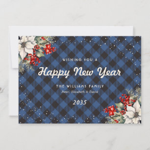 Blue Plaid Snow Botanical New Year Card